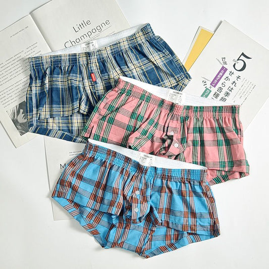 超值組合價【親膚居家係列】輕奢格紋純棉紐扣質感低腰U凸男士平角內褲阿羅褲