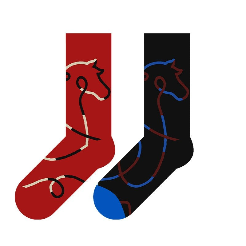 【新年紅襪禮盒!2雙裝~】送禮品袋&紅包殼!新款小馬系列撞色綫條小馬中筒棉襪