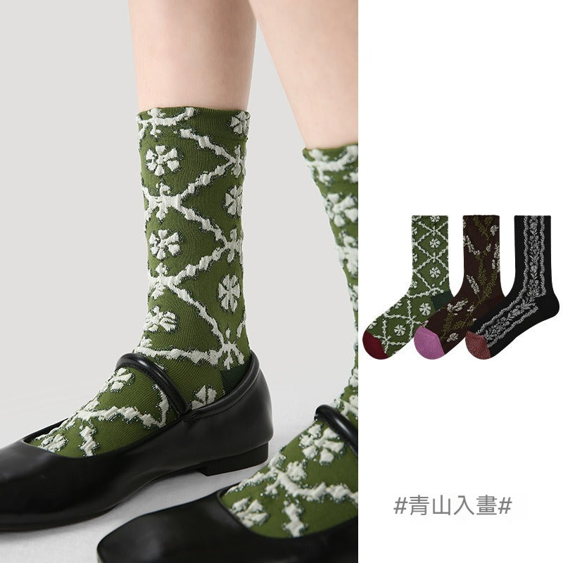 【復古格子花卉系列】三雙裝!秋季新款小眾設計感親膚透氣時尚中筒襪