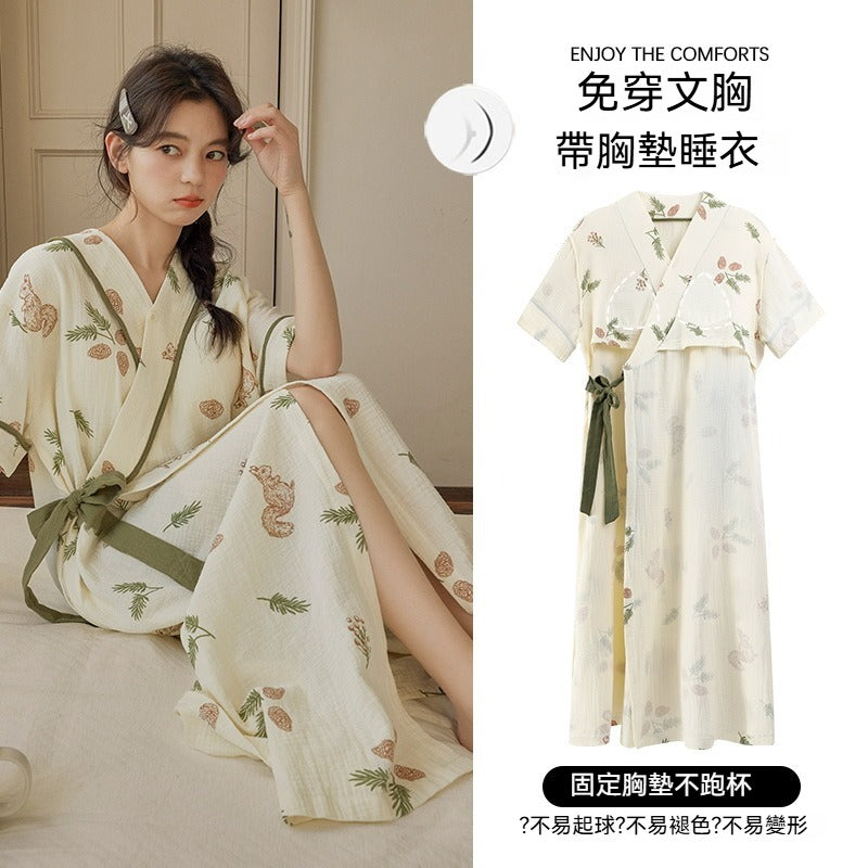 【甜美又實穿~可愛花邊穿出門也不尷尬!】自帶胸墊!寬鬆版型雲朵棉印花不束縛透氣睡裙