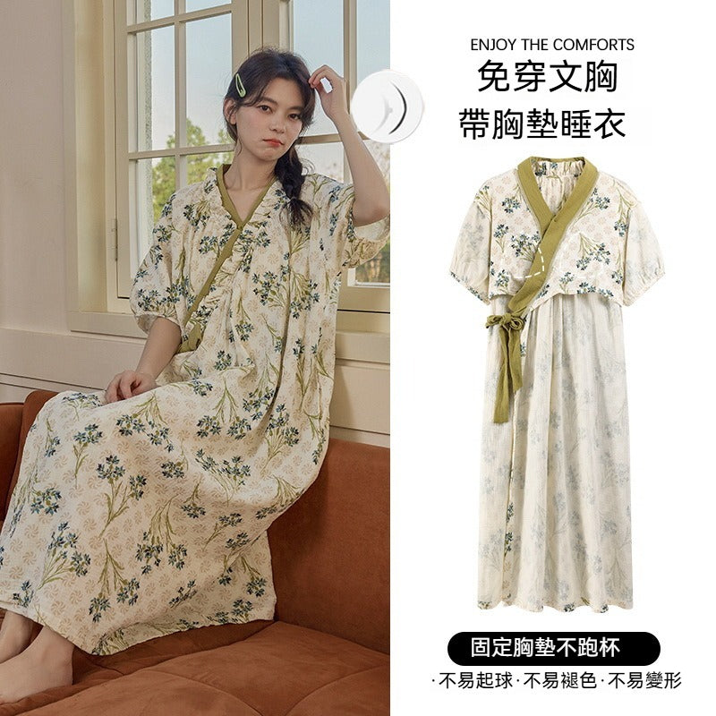 【甜美又實穿~可愛花邊穿出門也不尷尬!】自帶胸墊!寬鬆版型雲朵棉印花不束縛透氣睡裙