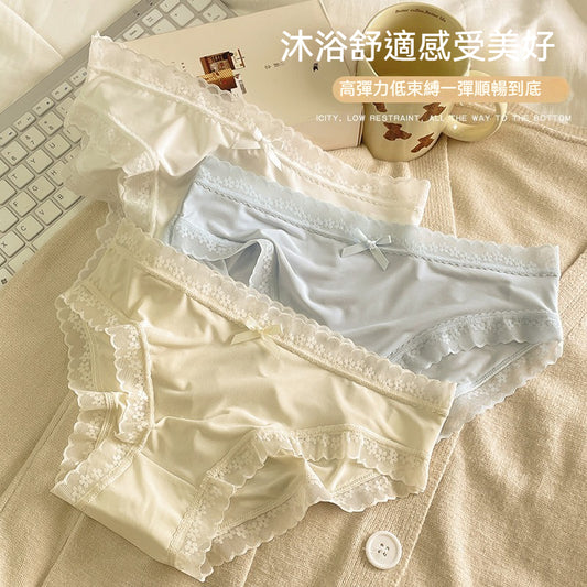 【100%純棉襠】不勒不緊不捲邊~溫柔奶油少女風!新款拼接蕾絲絲滑甜美內褲
