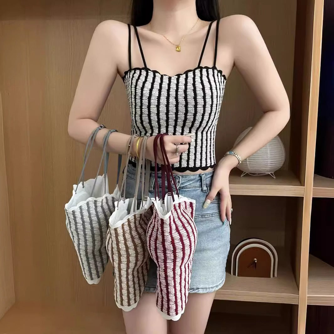 超值組合價【法式小香風~】微胖mm也能穿~彈力超顯瘦!新款法式條紋內搭外穿冰絲美背吊帶內衣