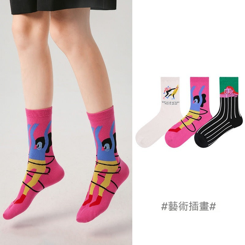 【藝術插畫系列】三雙裝!秋季新款復古潮流撞色中筒襪