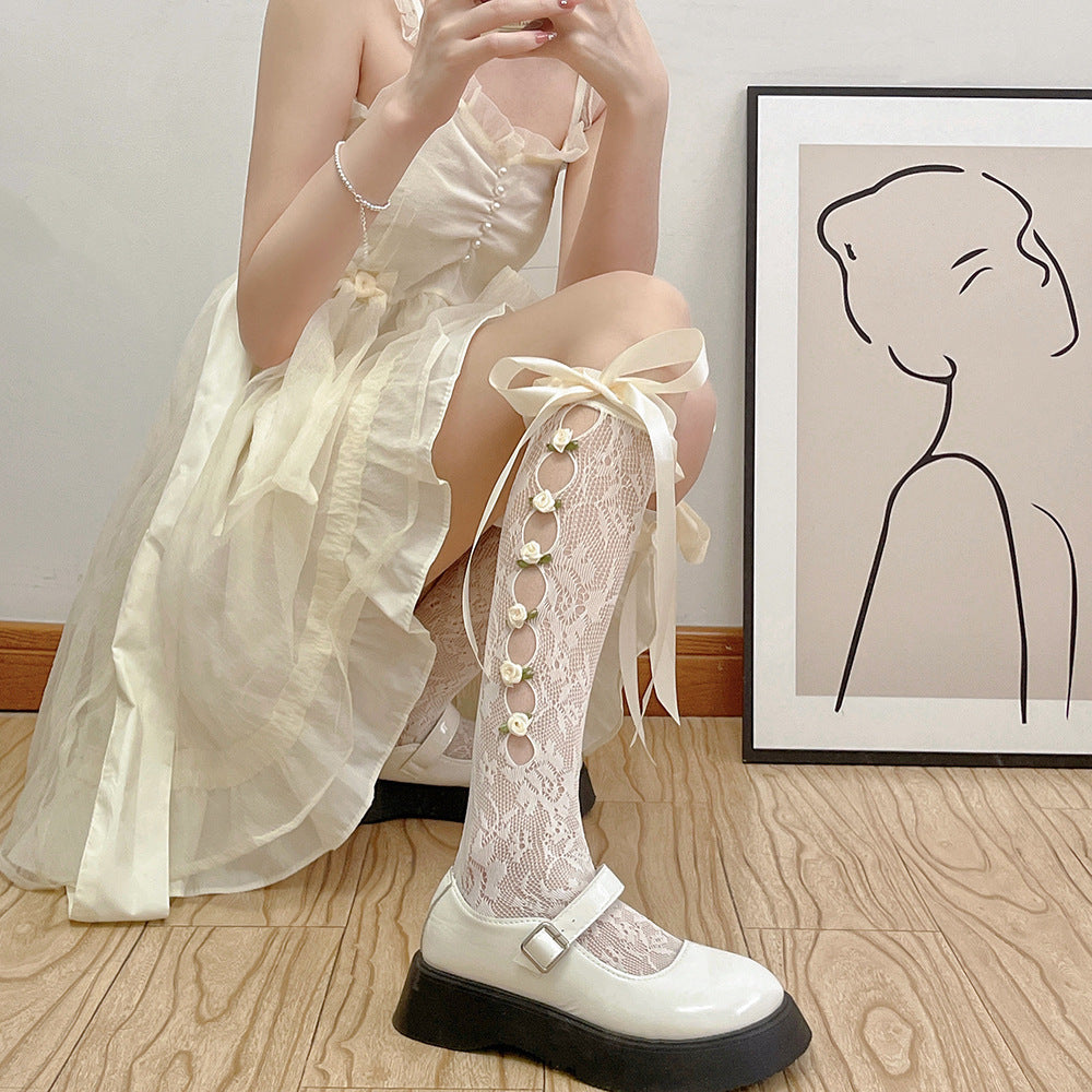 【甜美蕾絲系列】秋季新款正側玫瑰花鏤空蕾絲綁帶小腿襪中筒襪