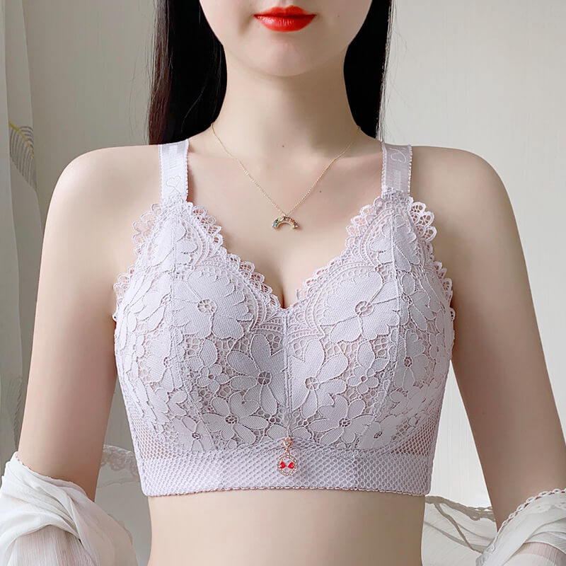 【A -G大包容】法式三角杯立體花型蕾絲收副乳内衣-灰色
