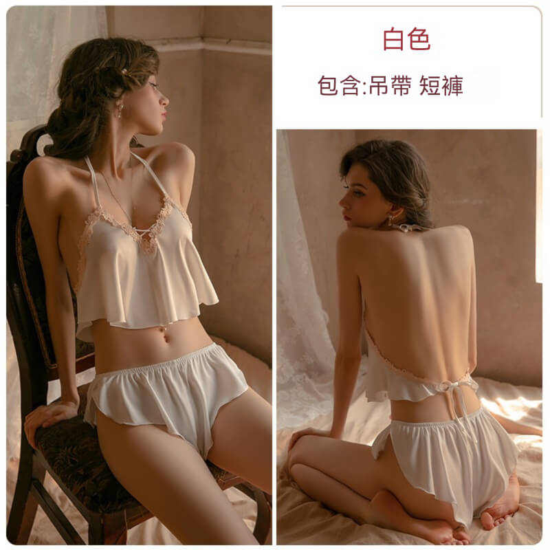 白色掛脖性感蕾絲睡衣套裝