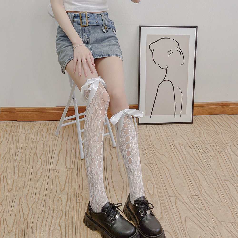 【甜美蕾絲系列】秋季新款正側玫瑰花鏤空蕾絲綁帶小腿襪中筒襪