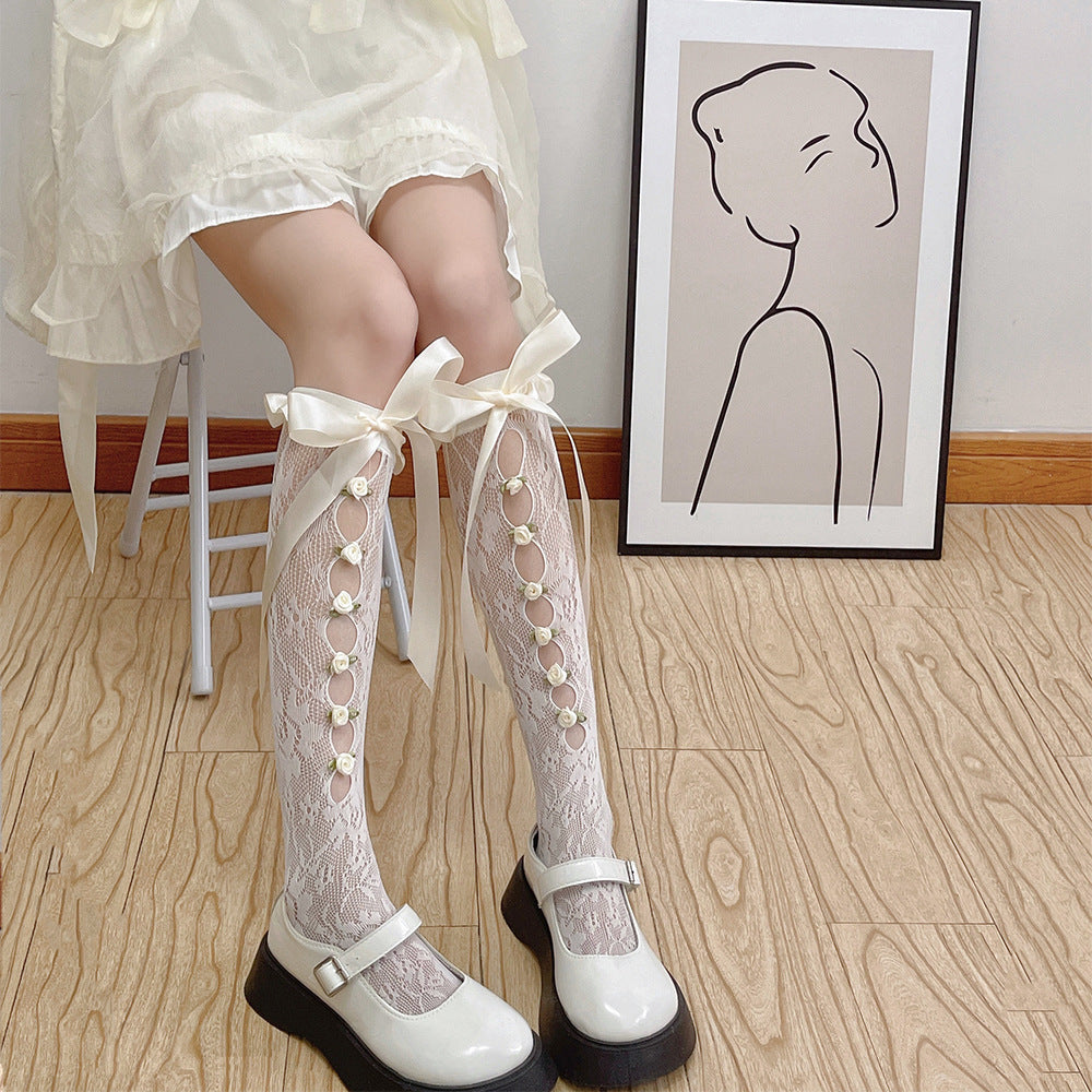 【甜美蕾絲系列】秋季新款正側玫瑰花鏤空蕾絲綁帶小腿襪中筒襪