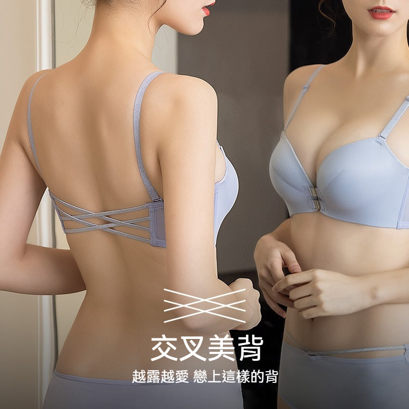 【交叉美背~秒變背影殺!】深V雙前扣上托聚攏美背光面內衣
