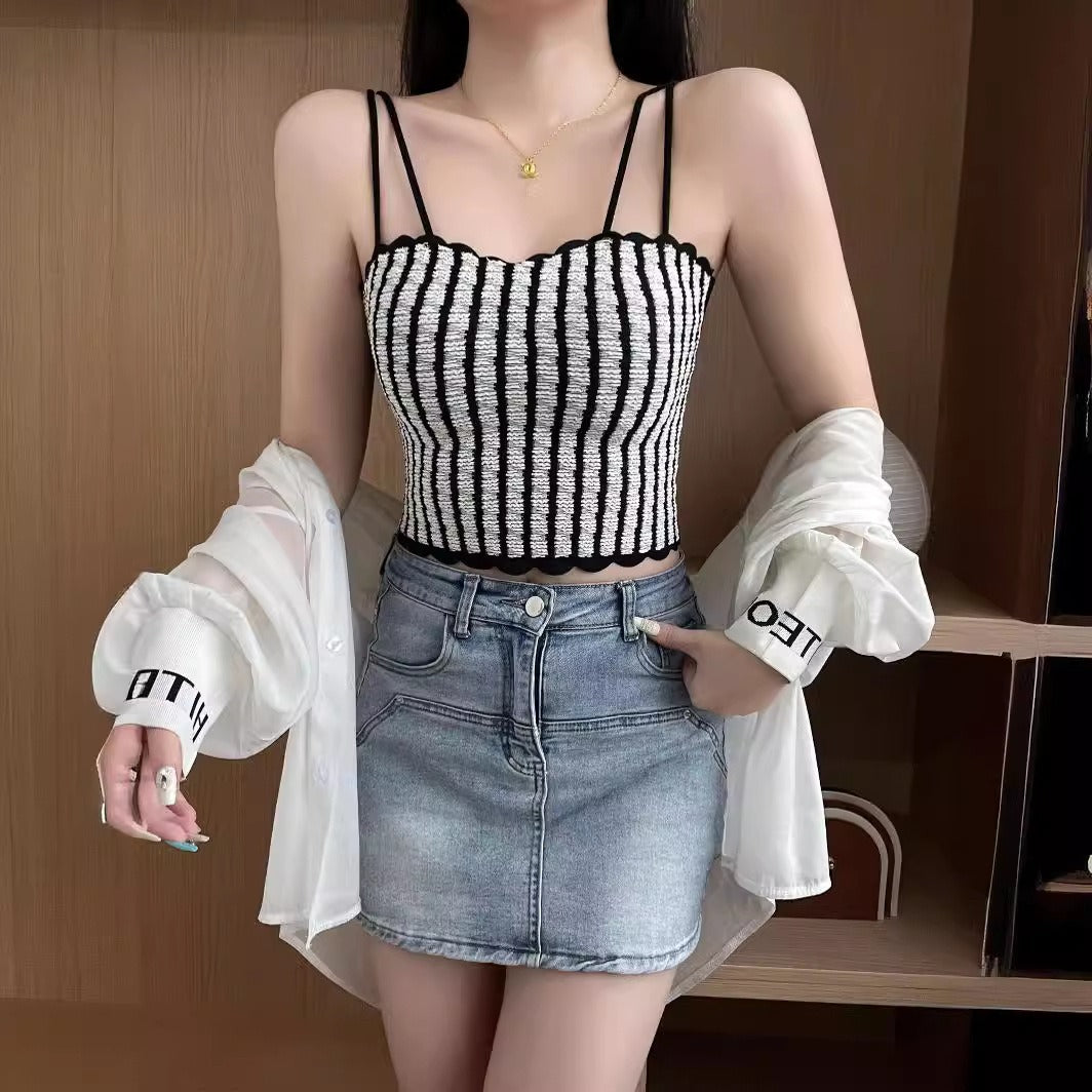 超值組合價【法式小香風~】微胖mm也能穿~彈力超顯瘦!新款法式條紋內搭外穿冰絲美背吊帶內衣