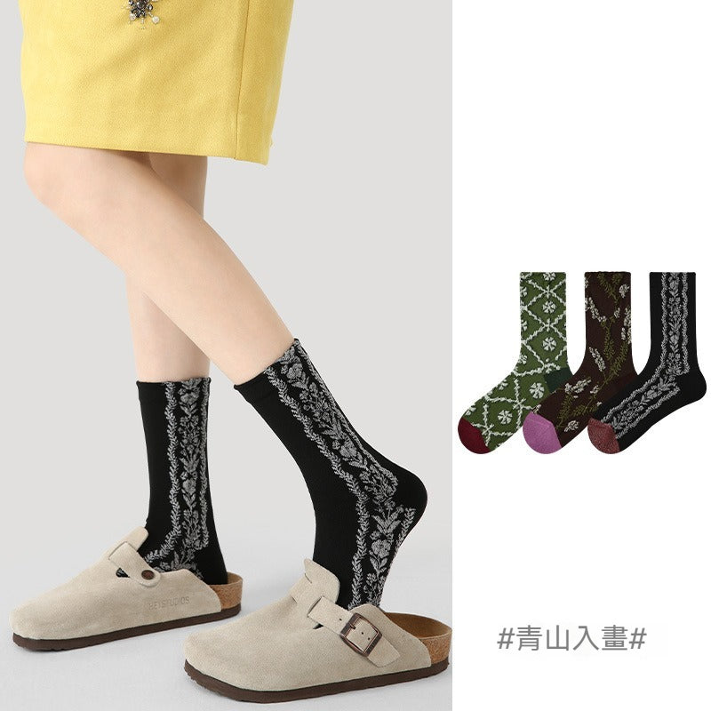 【復古格子花卉系列】三雙裝!秋季新款小眾設計感親膚透氣時尚中筒襪