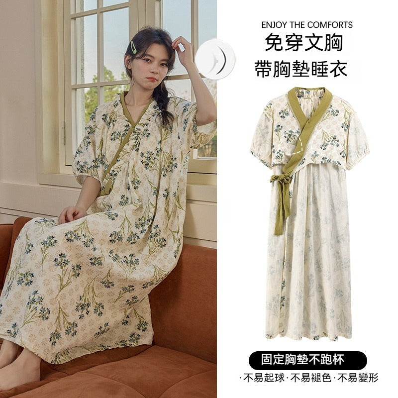 【甜美又實穿~可愛花邊穿出門也不尷尬!】自帶胸墊!寬鬆版型雲朵棉印花不束縛透氣睡裙