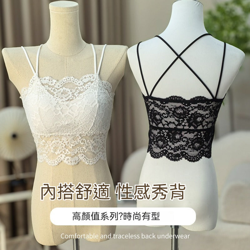 【性感爆款!交叉肩帶~】舒服到捨不得脫下!自帶可拆卸按摩杯墊~新款蕾絲拼接吊帶美背打底內衣