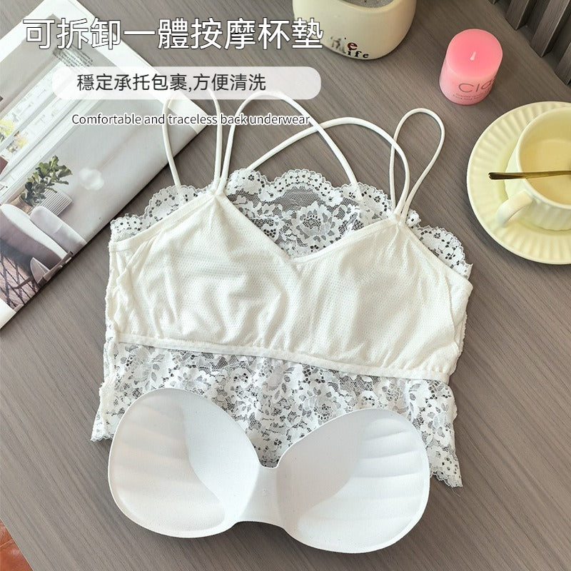 【性感爆款!交叉肩帶~】舒服到捨不得脫下!自帶可拆卸按摩杯墊~新款蕾絲拼接吊帶美背打底內衣
