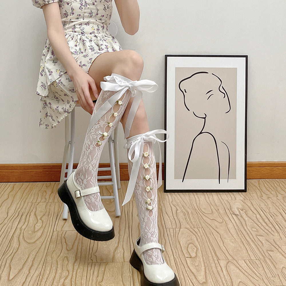 【甜美蕾絲系列】秋季新款正側玫瑰花鏤空蕾絲綁帶小腿襪中筒襪
