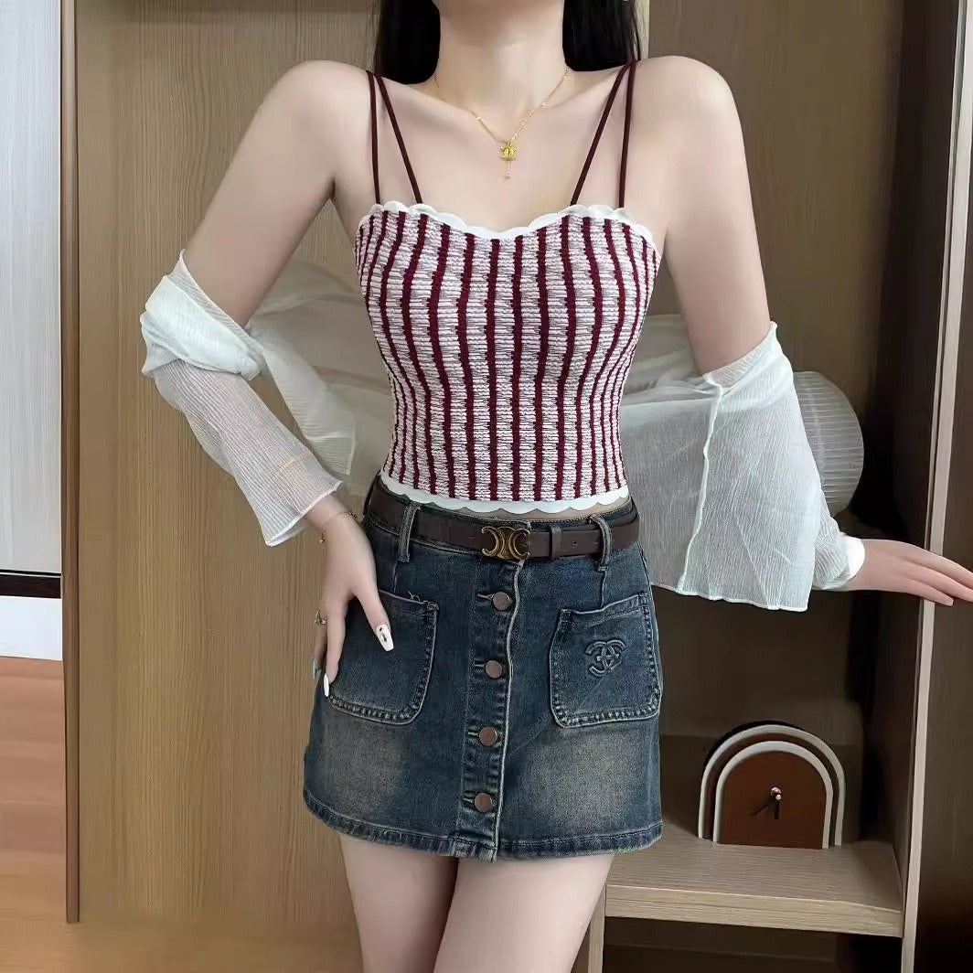 超值組合價【法式小香風~】微胖mm也能穿~彈力超顯瘦!新款法式條紋內搭外穿冰絲美背吊帶內衣