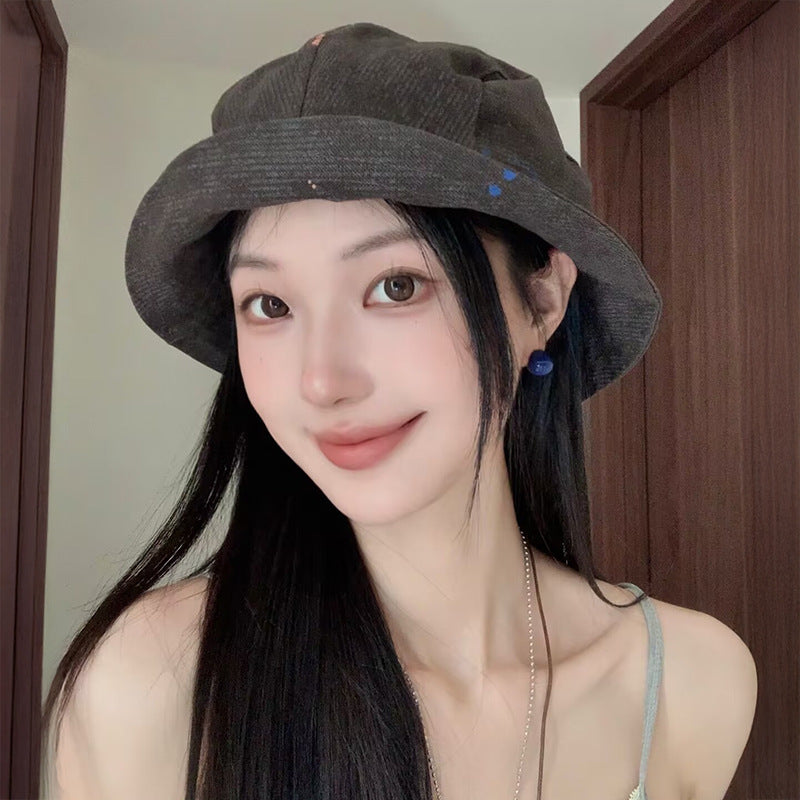 【復古小眾設計】2種戴法~秋季新款塗鴉褶皺百搭顯臉小漁夫帽