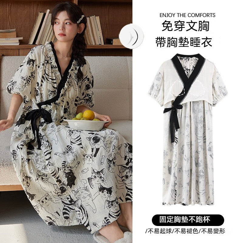 【甜美又實穿~可愛花邊穿出門也不尷尬!】自帶胸墊!寬鬆版型雲朵棉印花不束縛透氣睡裙