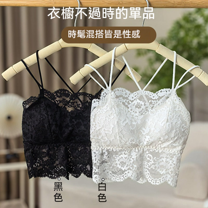 【性感爆款!交叉肩帶~】舒服到捨不得脫下!自帶可拆卸按摩杯墊~新款蕾絲拼接吊帶美背打底內衣