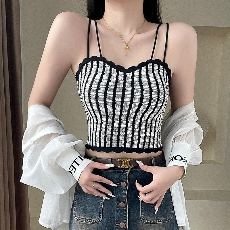 超值組合價【法式小香風~】微胖mm也能穿~彈力超顯瘦!新款法式條紋內搭外穿冰絲美背吊帶內衣