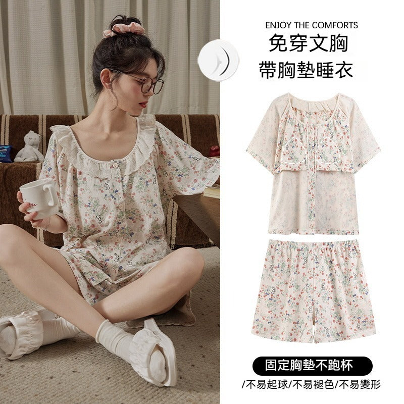 【甜美花邊領型~】自帶胸墊!無鬆緊帶~新款寬鬆版型雲朵棉印花不束縛透氣睡衣套裝