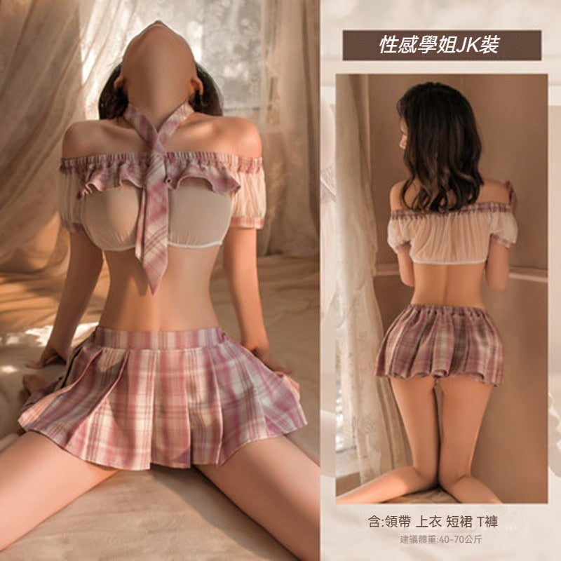 【性感清纯系列】赠小领带+T褲~新款格纹拼接一字肩格子裙性感套装