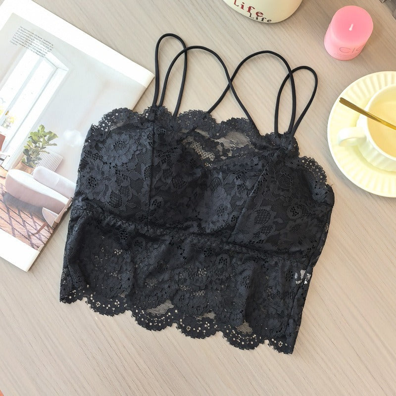 【性感爆款!交叉肩帶~】舒服到捨不得脫下!自帶可拆卸按摩杯墊~新款蕾絲拼接吊帶美背打底內衣