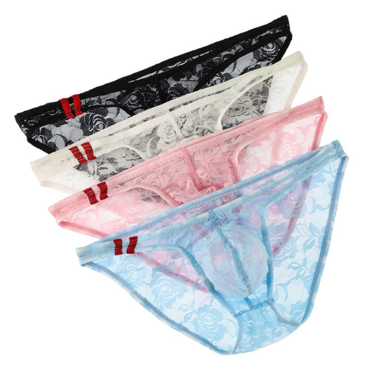 超值組合價【性感蕾絲系列】男人也能性感又有型!夏季冰絲薄款U凸大囊袋包臀蕾絲條紋男士三角內褲