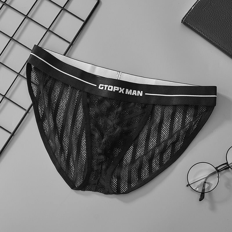 【個性條紋網紗系列】新款高開叉透明網紗立體囊袋男士三角內褲