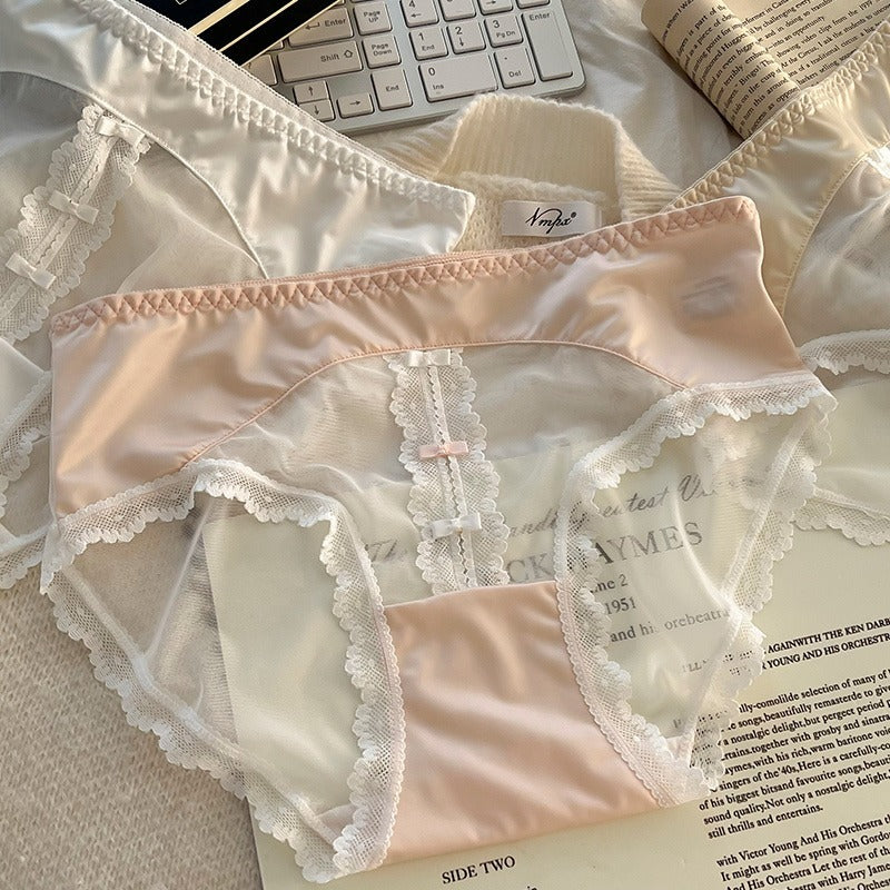 超值組合價【國風盤扣系列】薄透網紗!法式珠光緞面蕾絲7A純欲透氣棉襠內褲