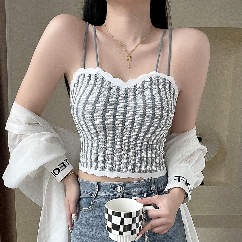 超值組合價【法式小香風~】微胖mm也能穿~彈力超顯瘦!新款法式條紋內搭外穿冰絲美背吊帶內衣