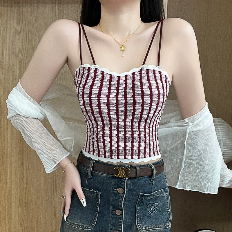 超值組合價【法式小香風~】微胖mm也能穿~彈力超顯瘦!新款法式條紋內搭外穿冰絲美背吊帶內衣