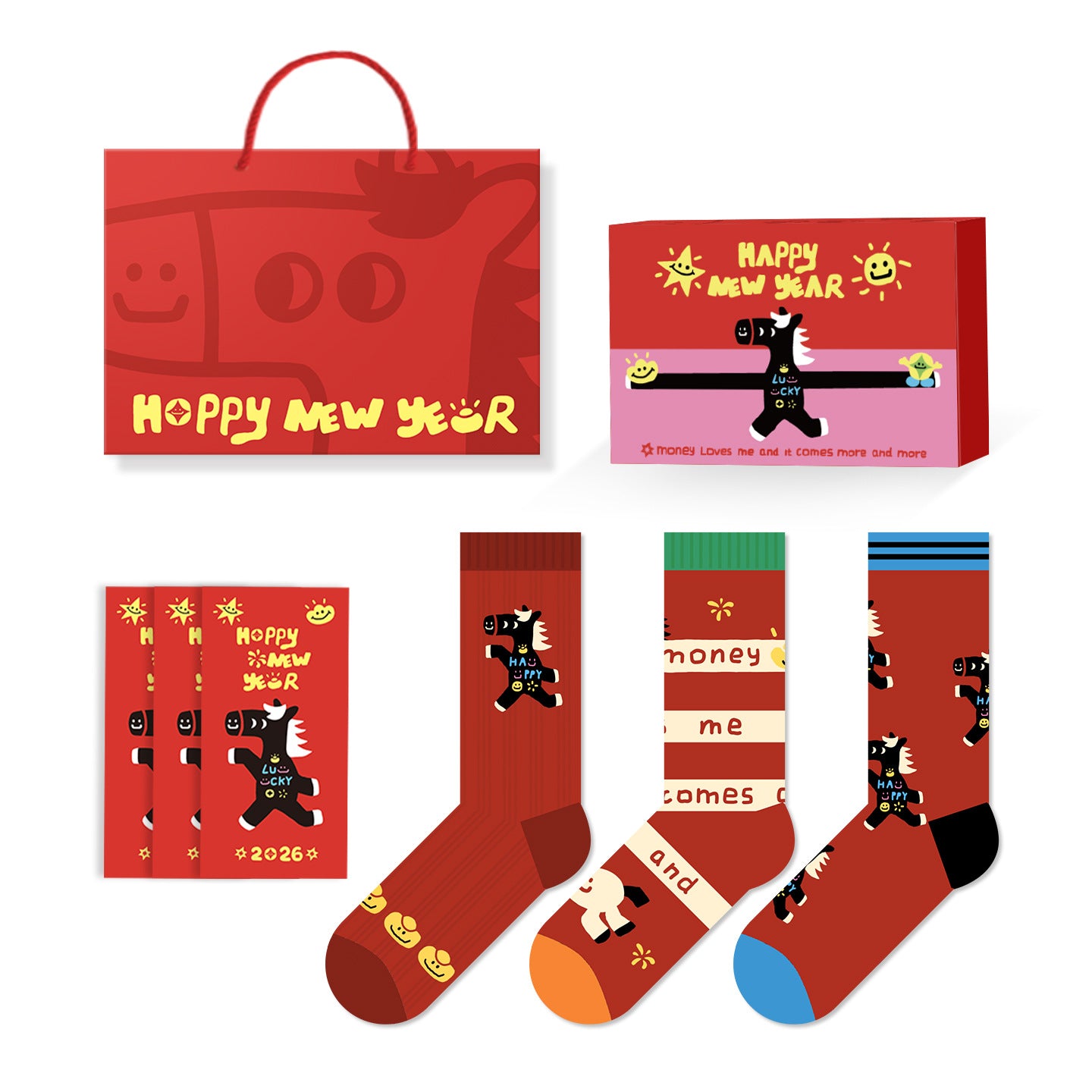【新年襪子禮盒!3雙裝~】送紅包殼!新款小馬系列可愛馬年紅色襪子中筒襪男女可穿