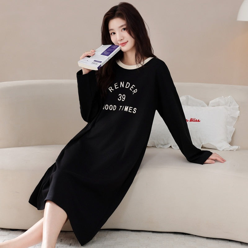 【韓版ins風】大碼純棉秋冬簡約休閑可外穿家居睡裙