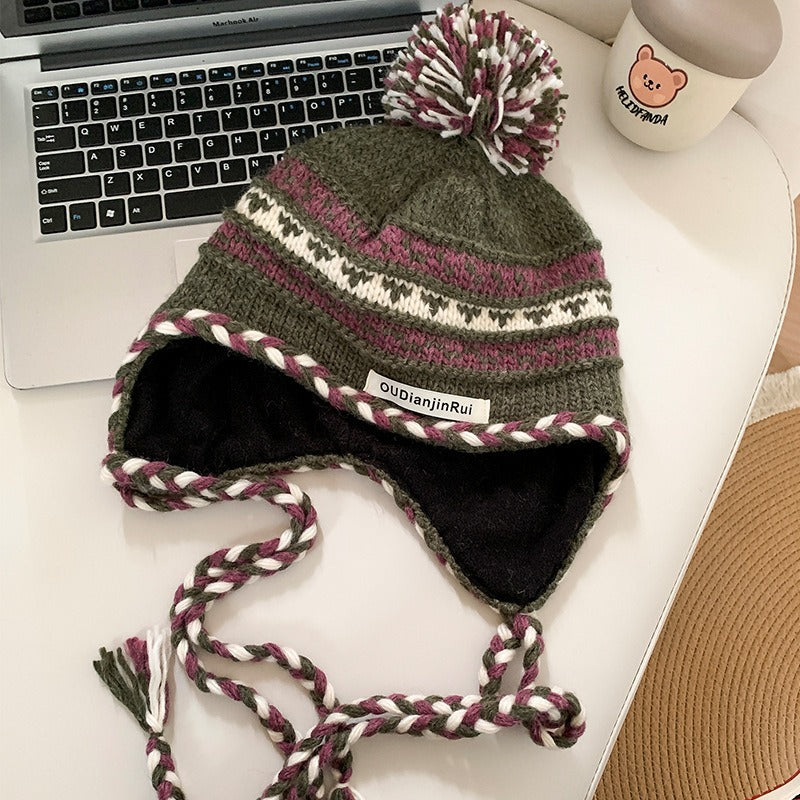 【費爾島風】秋冬新款麻花辮保暖百搭顯臉小護耳毛綫帽子