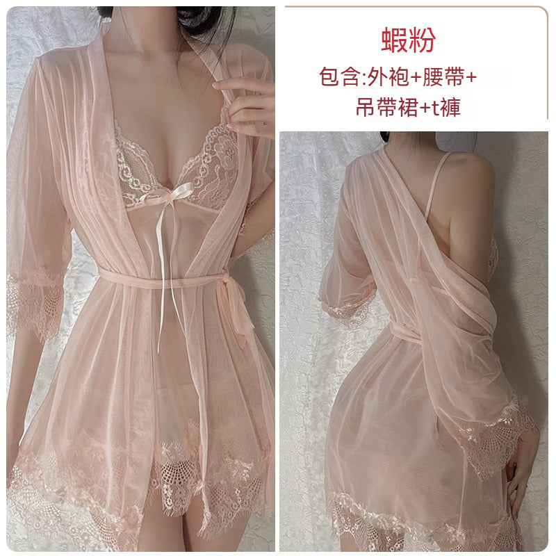 【誘惑蝴蝶結】整套4件裝~若隱若現的性感！新款吊帶外袍情趣睡衣套裝
