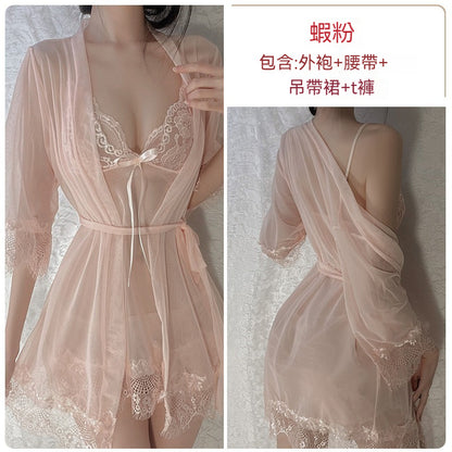 【誘惑蝴蝶結】整套4件裝~若隱若現的性感！新款吊帶外袍情趣睡衣套裝