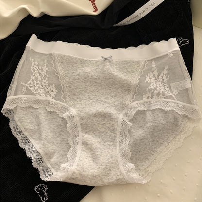 【奶油肌般的觸感】透氣軟糯長絨棉，純欲蕾絲中腰網紗無痕甜美女士三角内褲
