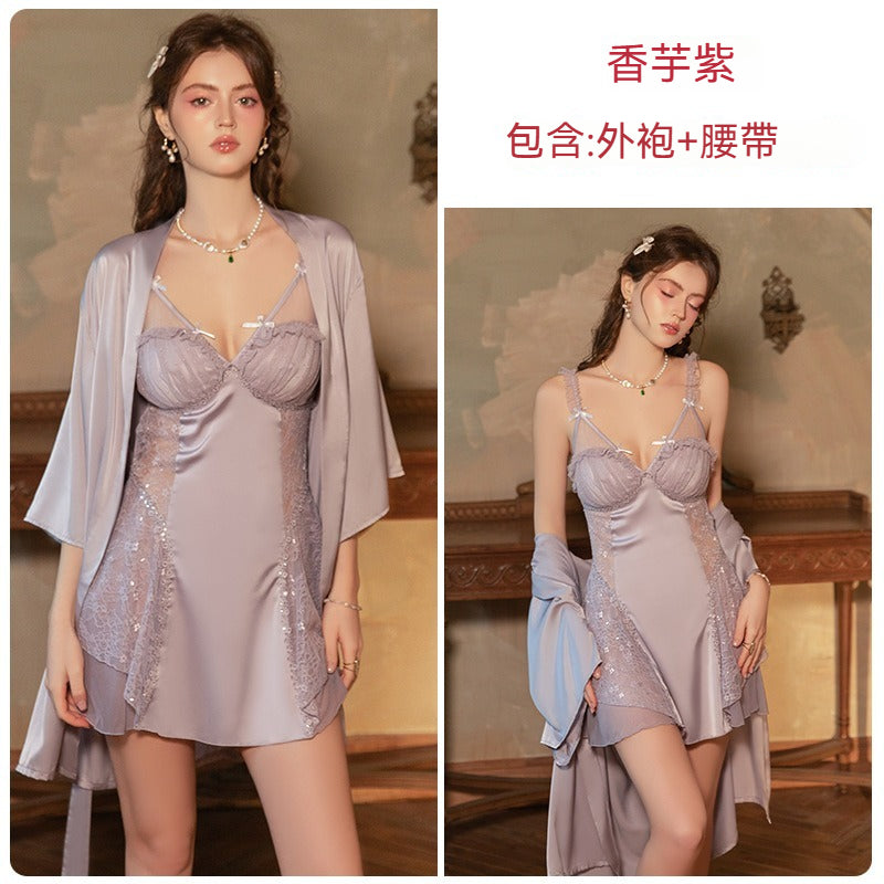 【緞面鏤空仙女系列】絲滑蕾絲輕奢聚攏可拆胸墊露背外袍套裝高級女士睡裙