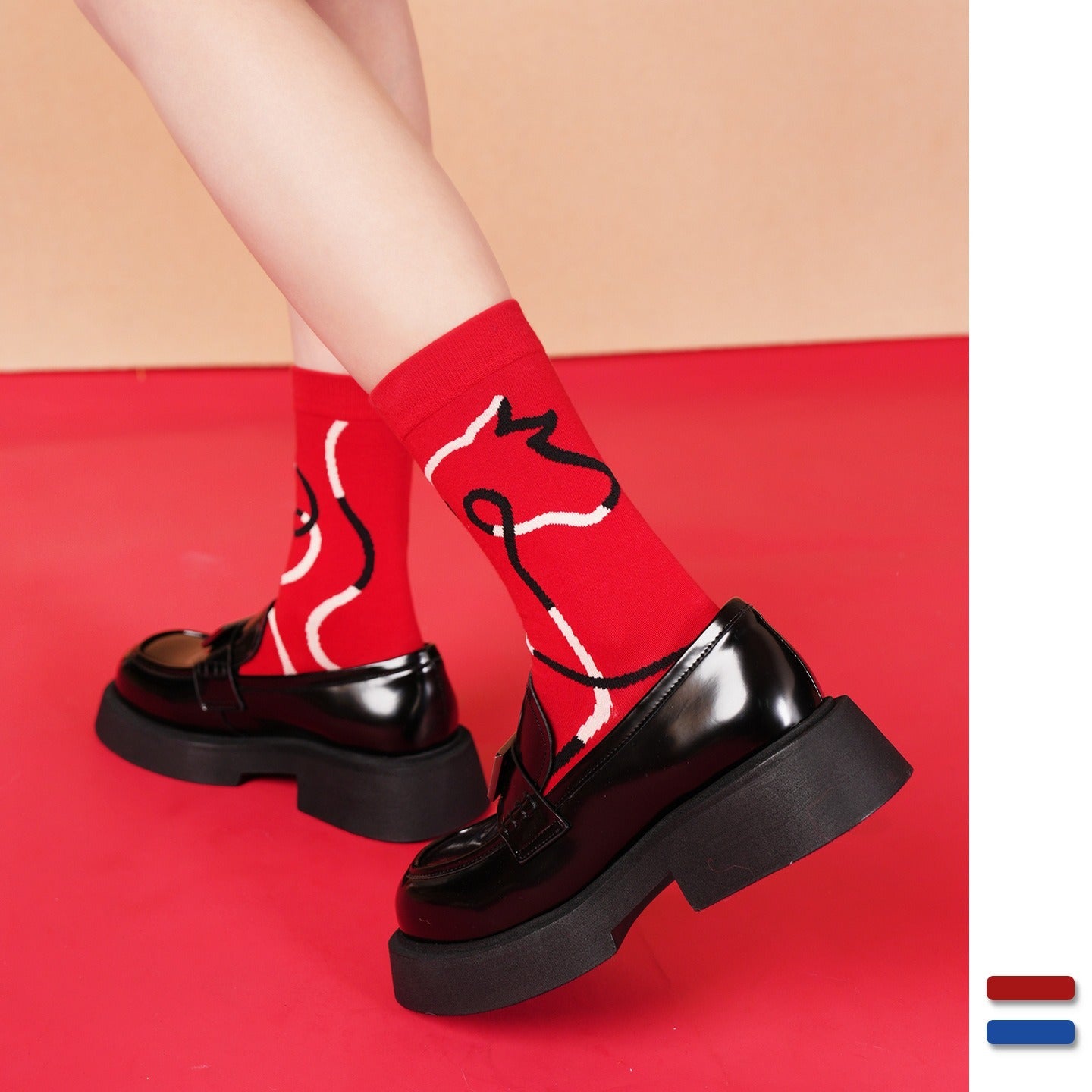 【新年紅襪禮盒！2雙裝~】送禮品袋&紅包殼！新款小馬系列撞色綫條小馬中筒棉襪