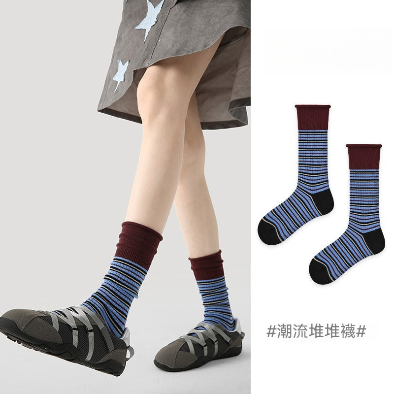 【簡約ins風】2種穿法！秋季新款撞色細條紋簡約無骨堆堆襪