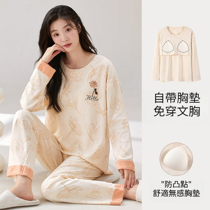 【可愛甜美風～帶胸墊外穿不尷尬!】春秋新款寬鬆版型舒適柔軟印花帶胸墊加大碼長袖居家服睡衣