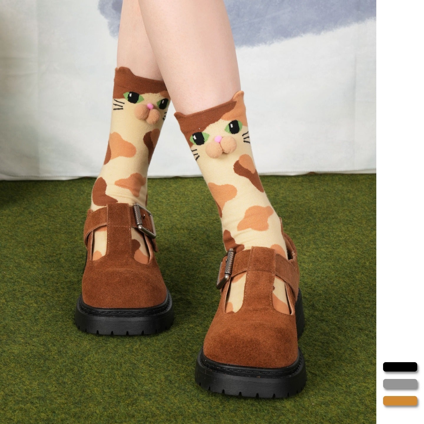 【可愛噘嘴喵系列】秋冬新款花貓奶牛貓立體可愛純棉中筒襪女襪