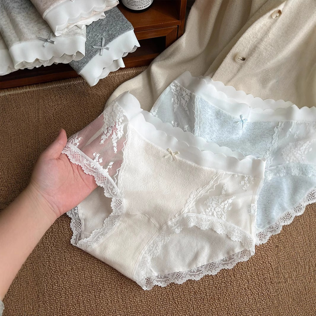 【奶油肌般的觸感】透氣軟糯長絨棉，純欲蕾絲中腰網紗無痕甜美女士三角内褲
