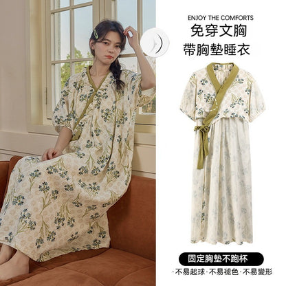 【甜美又實穿～可愛花邊穿出門也不尷尬!】自帶胸墊！寬鬆版型雲朵棉印花不束縛透氣睡裙