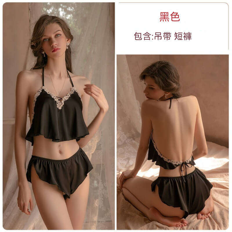 黑色掛脖性感蕾絲睡衣套裝