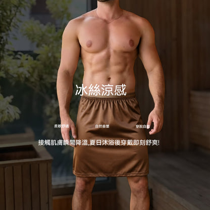 【居家浴裙】夏季新款冰絲男士一片式自然垂墜開叉浴裙
