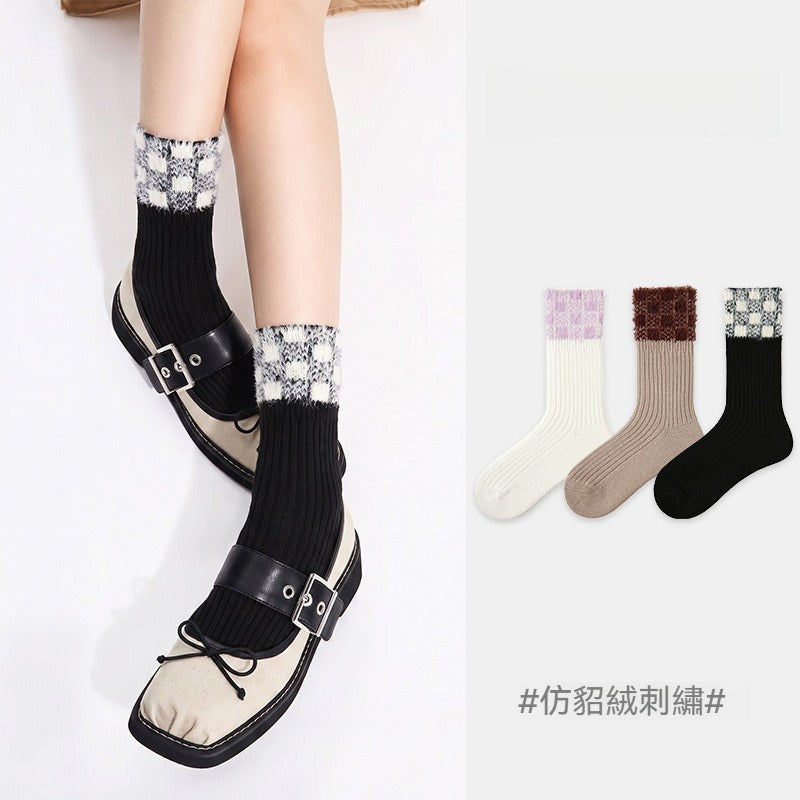 【輕奢復古系列】秋冬新款仿貂絨拼接撞色個性格子加厚保暖毛絨小腿襪