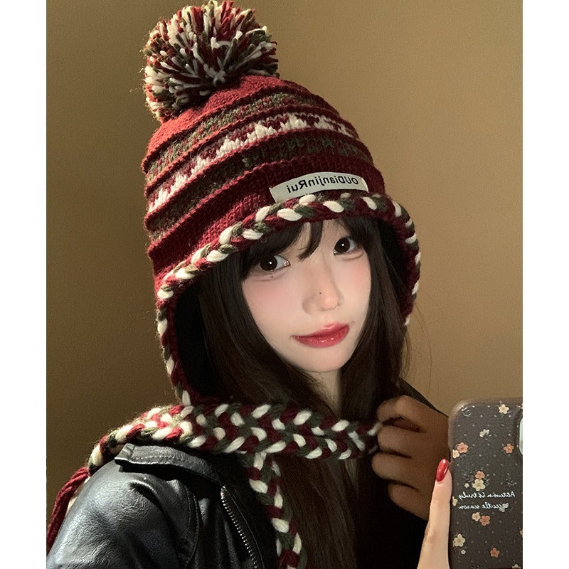 【費爾島風】秋冬新款麻花辮保暖百搭顯臉小護耳毛綫帽子
